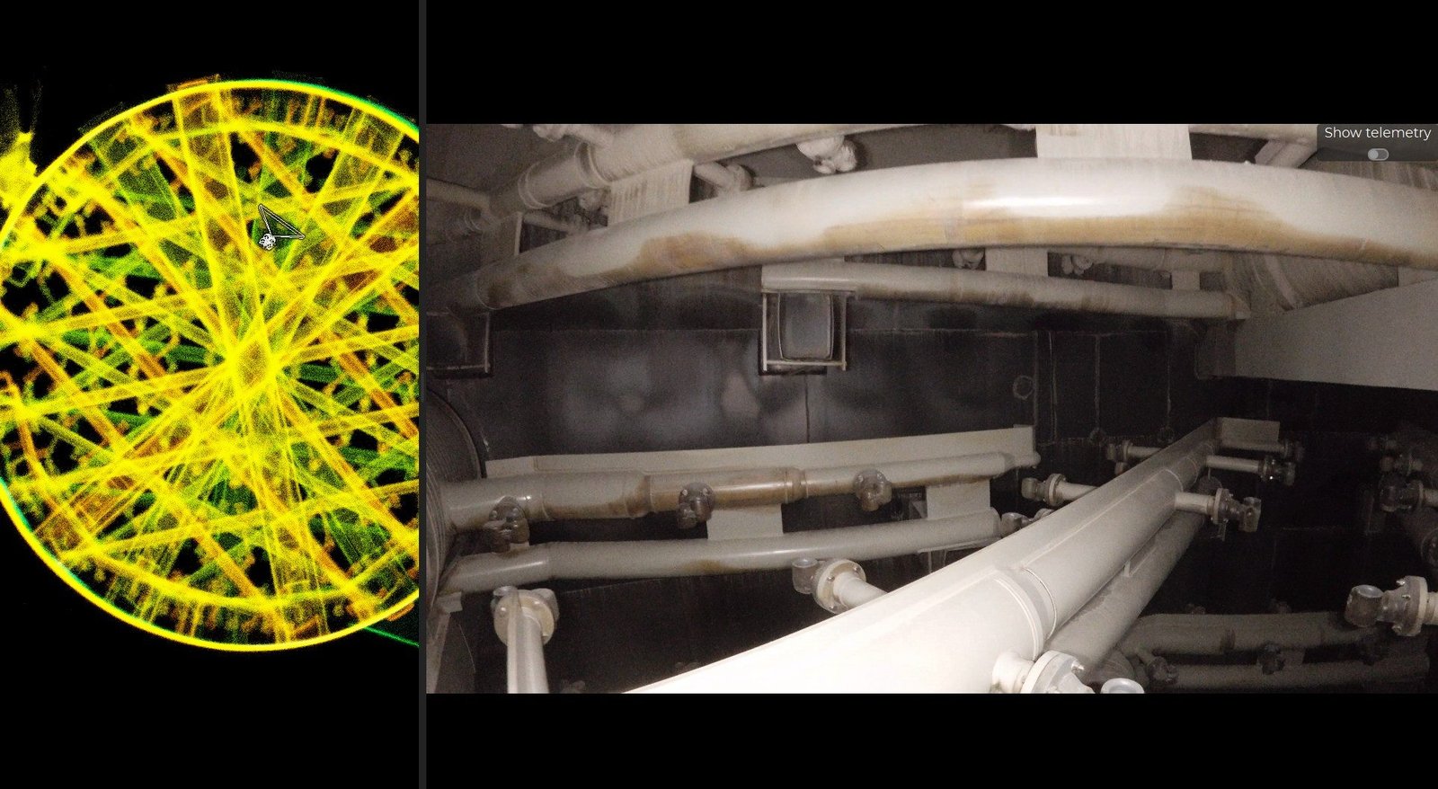 Split view of a wash vat inspection: LIDAR point cloud beside the live onboard camera feed
