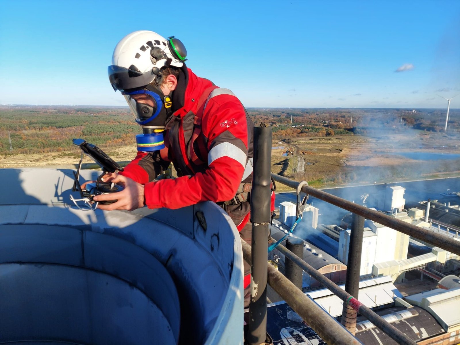 Pilot with respirator on top of a stack