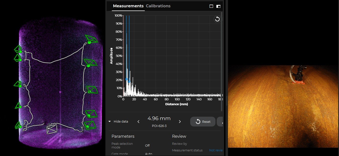 UT thickness measurement: silo point cloud, amplitude plot reading 4.96 mm, and probe camera view